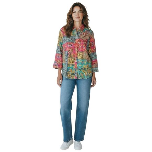 LAUREN RALPH LAUREN Women’s Blouse L Boho Paisley Patchwork Button Front Shirt - Picture 6 of 6